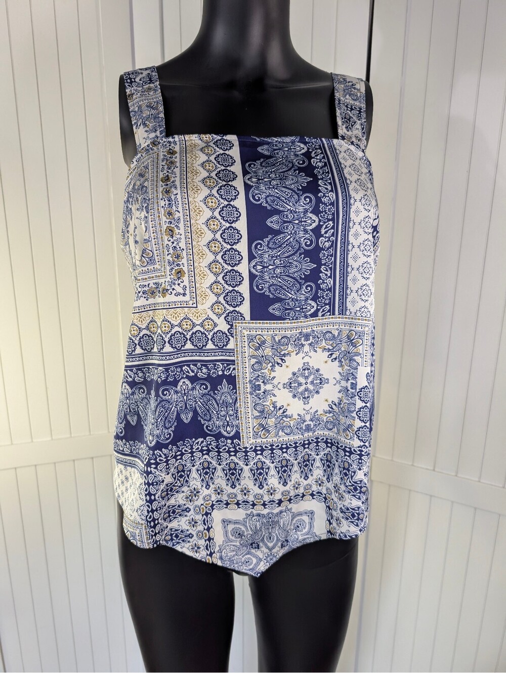 Rachel Zoe Paisley Bandana Patchwork Square Neck Smocked Tank Top M Blue Boho